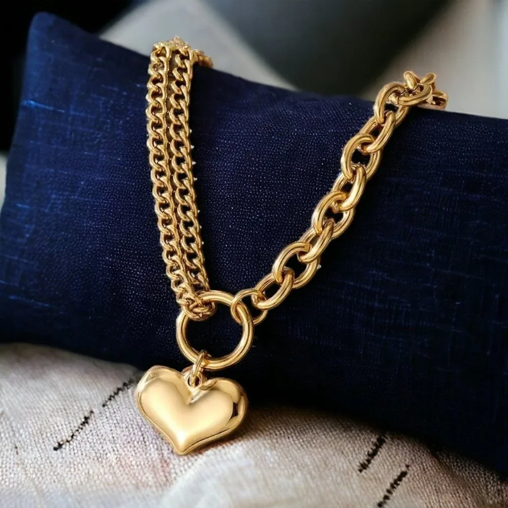 🆕️ 18K Gold Plated Stainless Steel Double-Layered Bracelet With Heart💖 Pendant - Picture 2 of 5